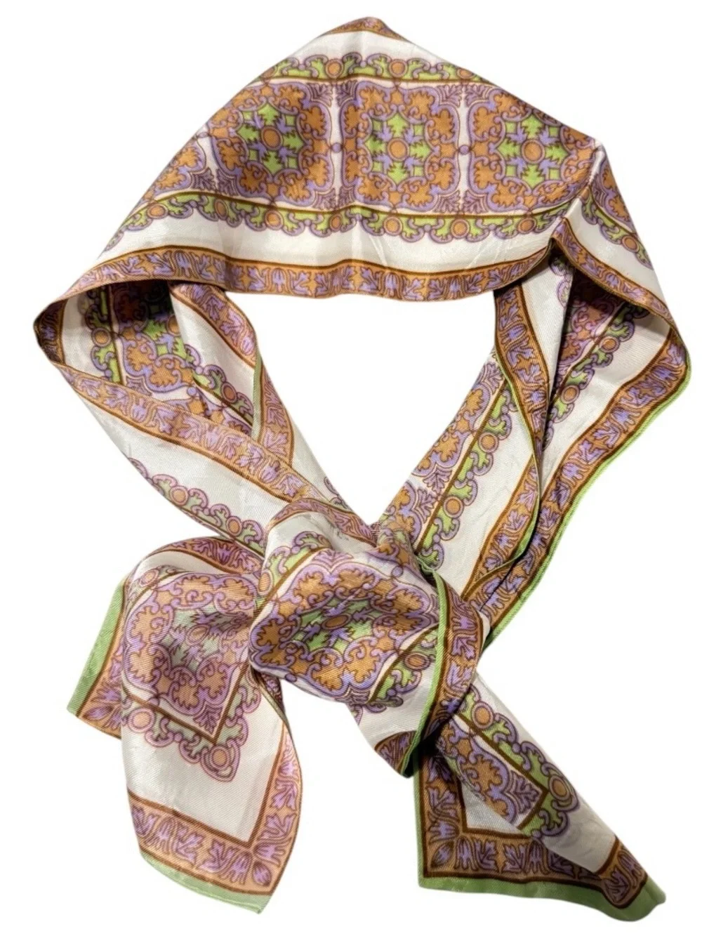 1960’s Vintage Head or Neck Scarf in Paisley Brown, Purple, White & Green, 40”